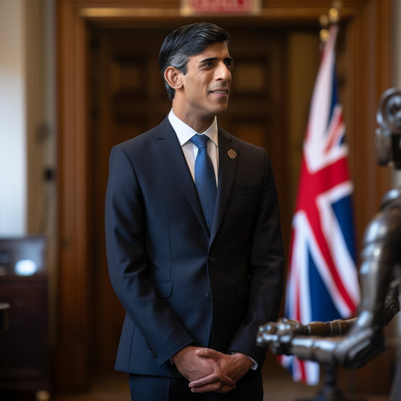 Rishi Sunak dit adieu au robot" (Qant, M. de R. avec Midjourney)