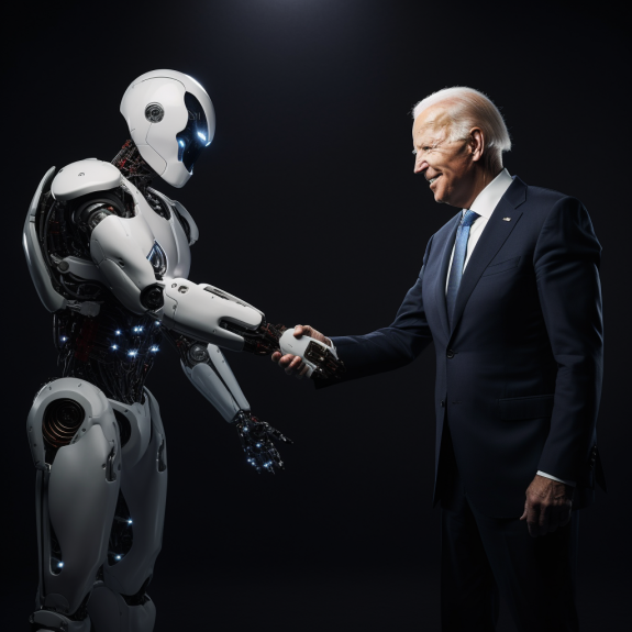 "Joe Biden rencontre le robot" (Qant, M. de R. avec Midjourney)