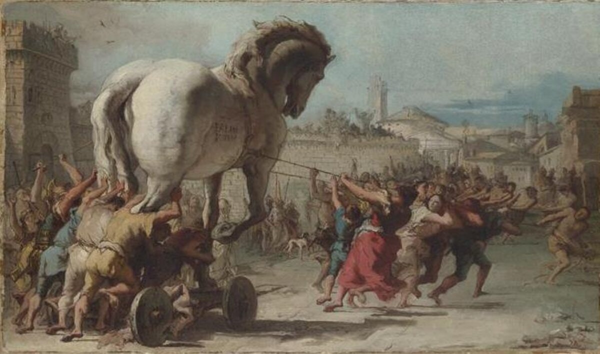 La procession du cheval de Troie par le peintre venitien Giovanni Domenico Tiepolo (1760)