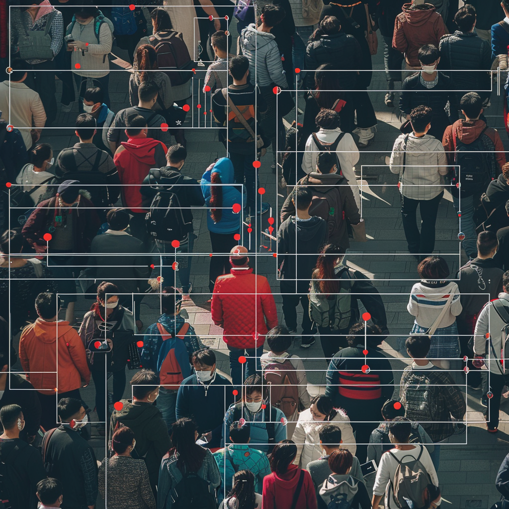 Image générée par l'intelligence artificielle (Midjourney) montrant des chinois sous surveillance comme dans les reportages TV