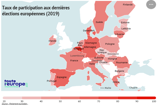 Taux de participation aux dernières élections européennes (Toute l’Europe.eu)