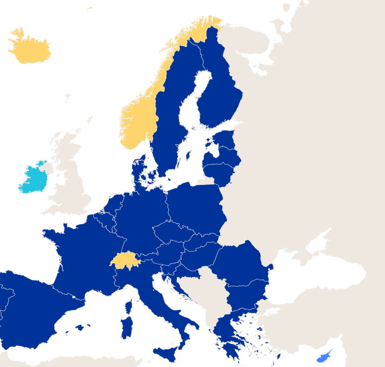 Plusieurs pays non-membres de l'UE sont membres à part entière de l'espace Schengen (en jaune). L'Irlande et Chypre n'appliquent pas l'ensemble des règles (c) Conseil de l'UE